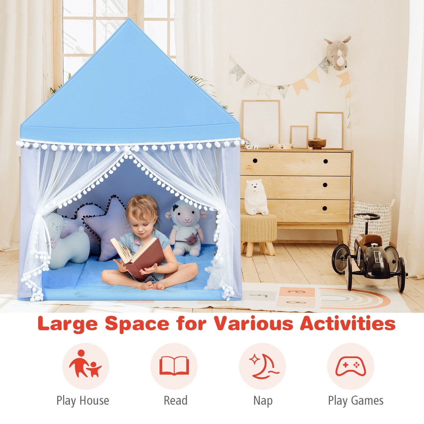 Kids Play Tent Large Playhouse Children Play Castle Fairy Tent Gift with Mat-Blue