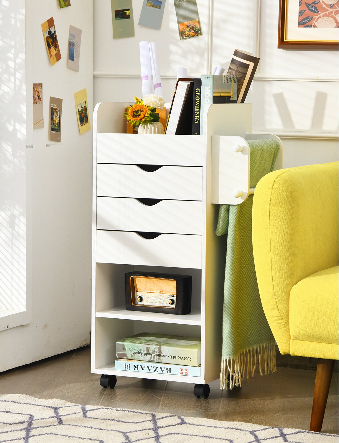 Wooden Utility Rolling Craft Storage Cart-White