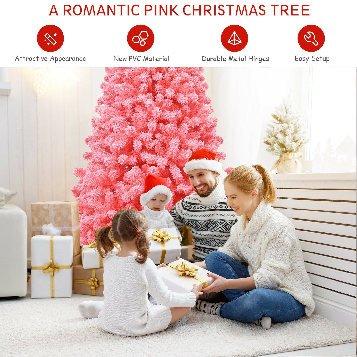 Pink Christmas Tree with Snow Flocked PVC Tips and Metal Stand-7.5 ft
