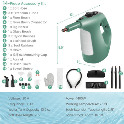 1400W Handheld Steam Cleaner with 14-Piece Accessory Kit and Child Lock-Blue