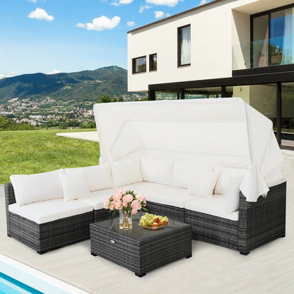 6 Pieces Patio Rattan Furniture Set with Retractable Canopy