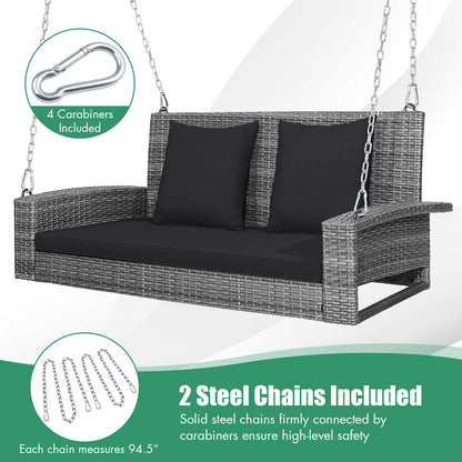 2-Person Patio PE Wicker Hanging Porch Swing Bench Chair Cushion 800 Pounds-Black