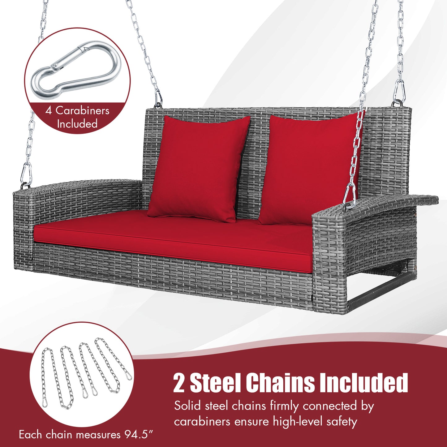 2-Person Patio PE Wicker Hanging Porch Swing Bench Chair Cushion 800 Pounds-Red