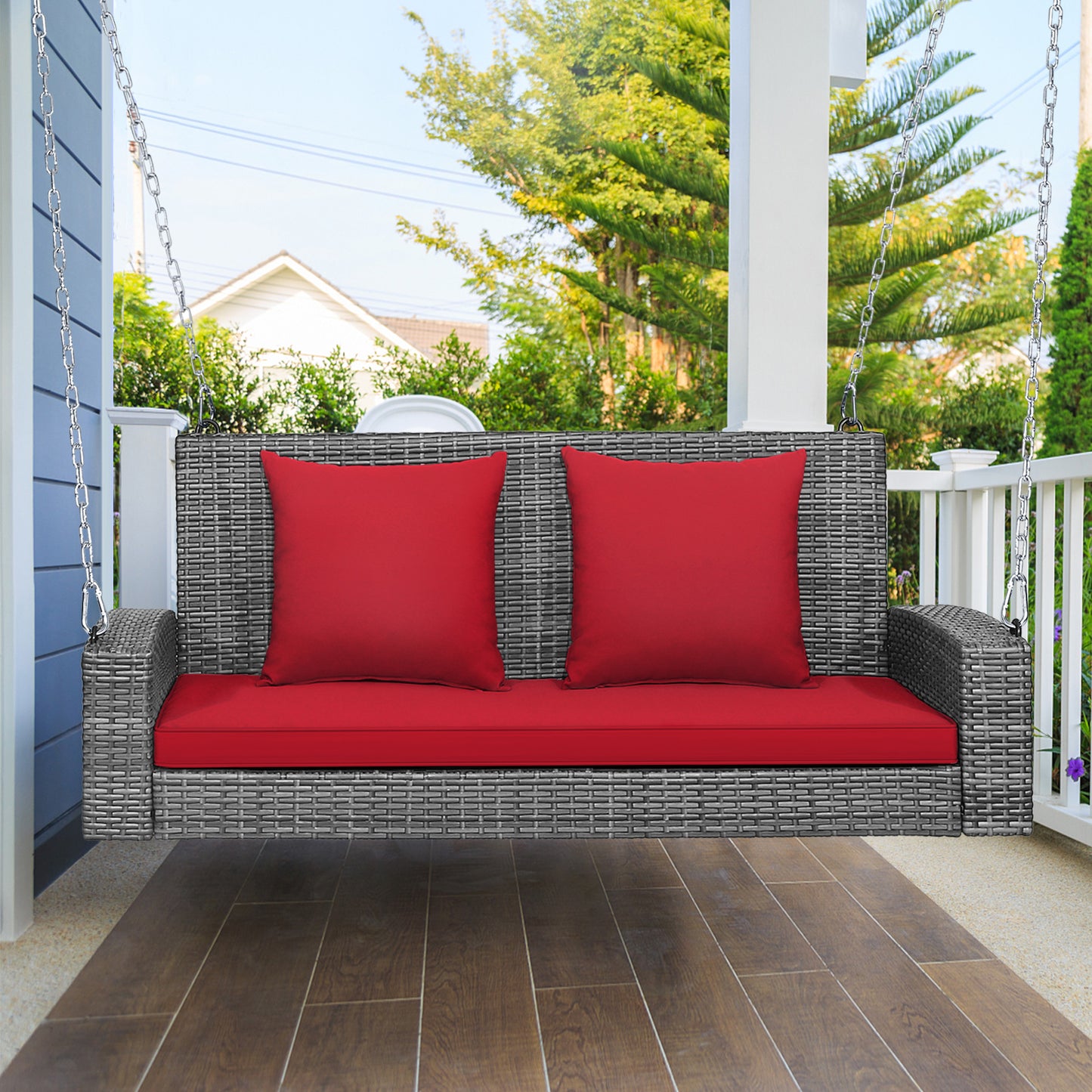 2-Person Patio PE Wicker Hanging Porch Swing Bench Chair Cushion 800 Pounds-Black
