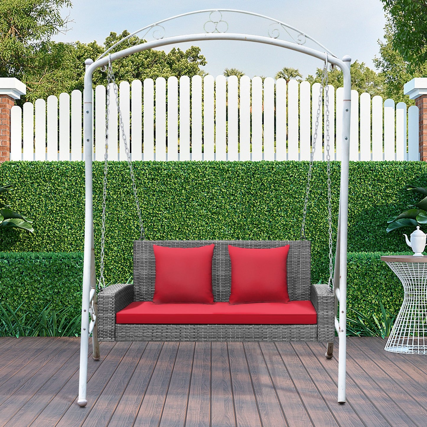 2-Person Patio PE Wicker Hanging Porch Swing Bench Chair Cushion 800 Pounds-Black