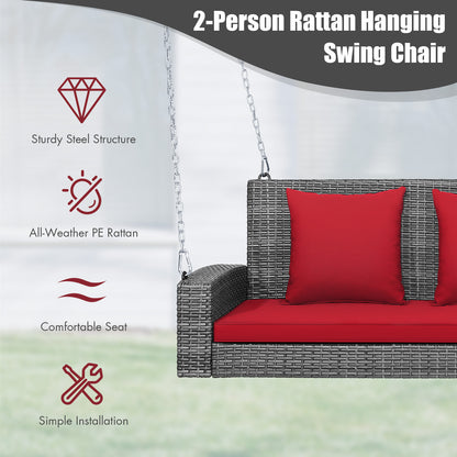2-Person Patio PE Wicker Hanging Porch Swing Bench Chair Cushion 800 Pounds-Red