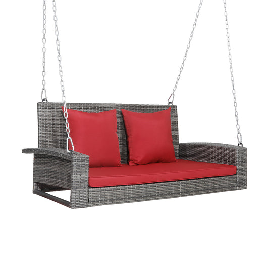 2-Person Patio PE Wicker Hanging Porch Swing Bench Chair Cushion 800 Pounds-Red