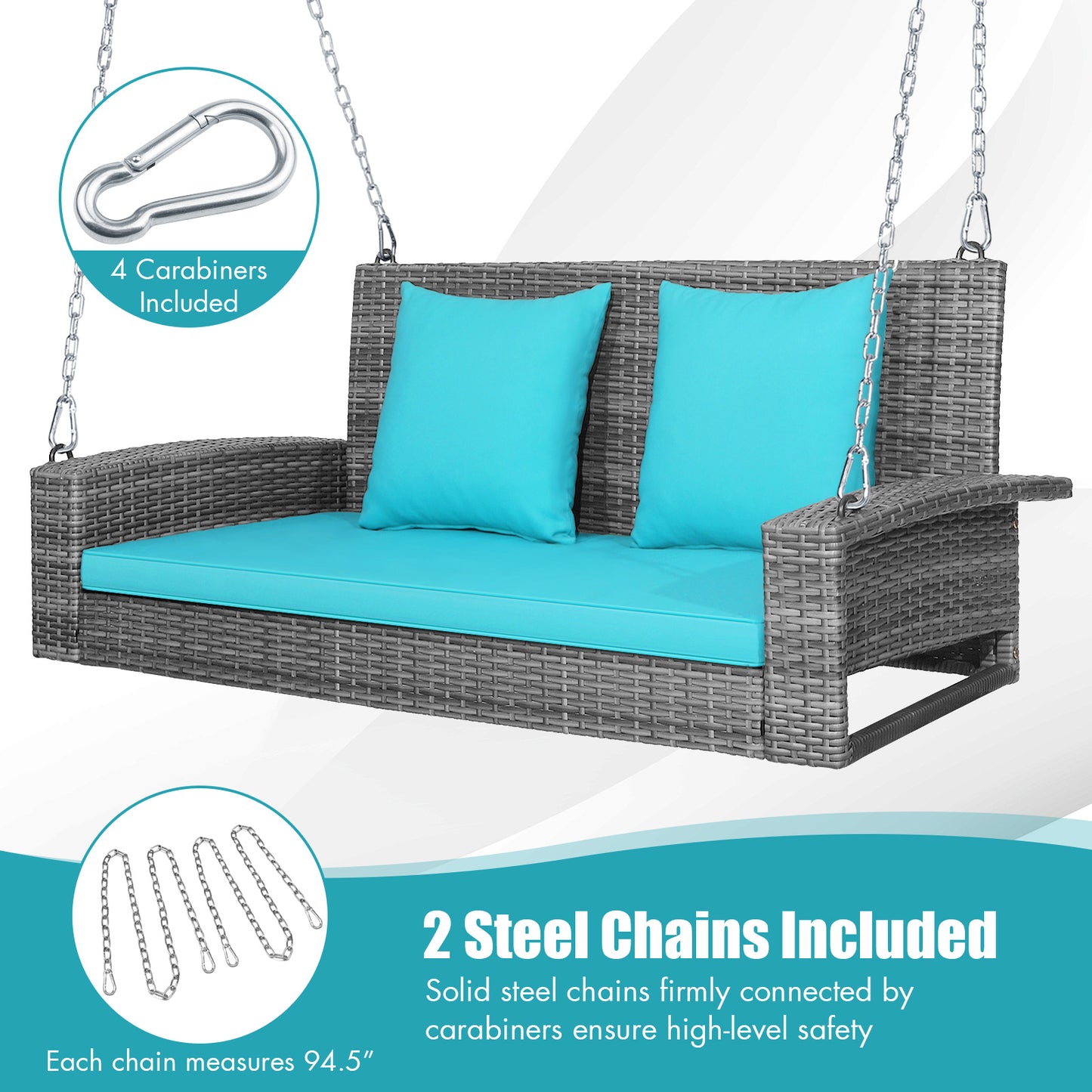 2-Person Patio PE Wicker Hanging Porch Swing Bench Chair Cushion 800 Pounds-Turquoise