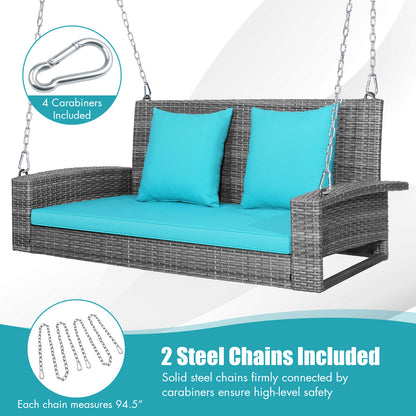 2-Person Patio PE Wicker Hanging Porch Swing Bench Chair Cushion 800 Pounds-Turquoise