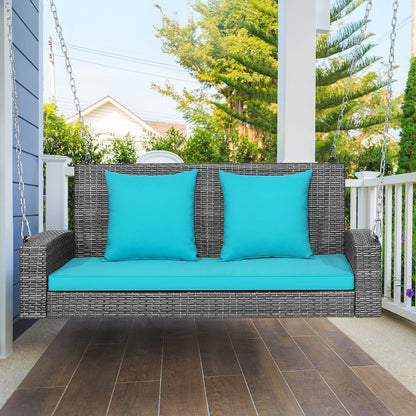 2-Person Patio PE Wicker Hanging Porch Swing Bench Chair Cushion 800 Pounds-Turquoise