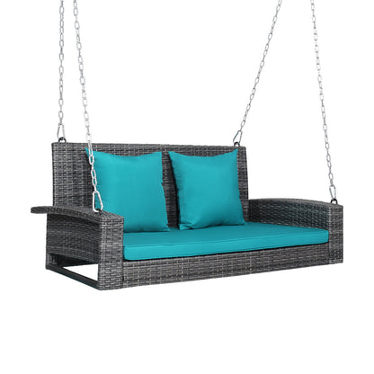 2-Person Patio PE Wicker Hanging Porch Swing Bench Chair Cushion 800 Pounds-Turquoise