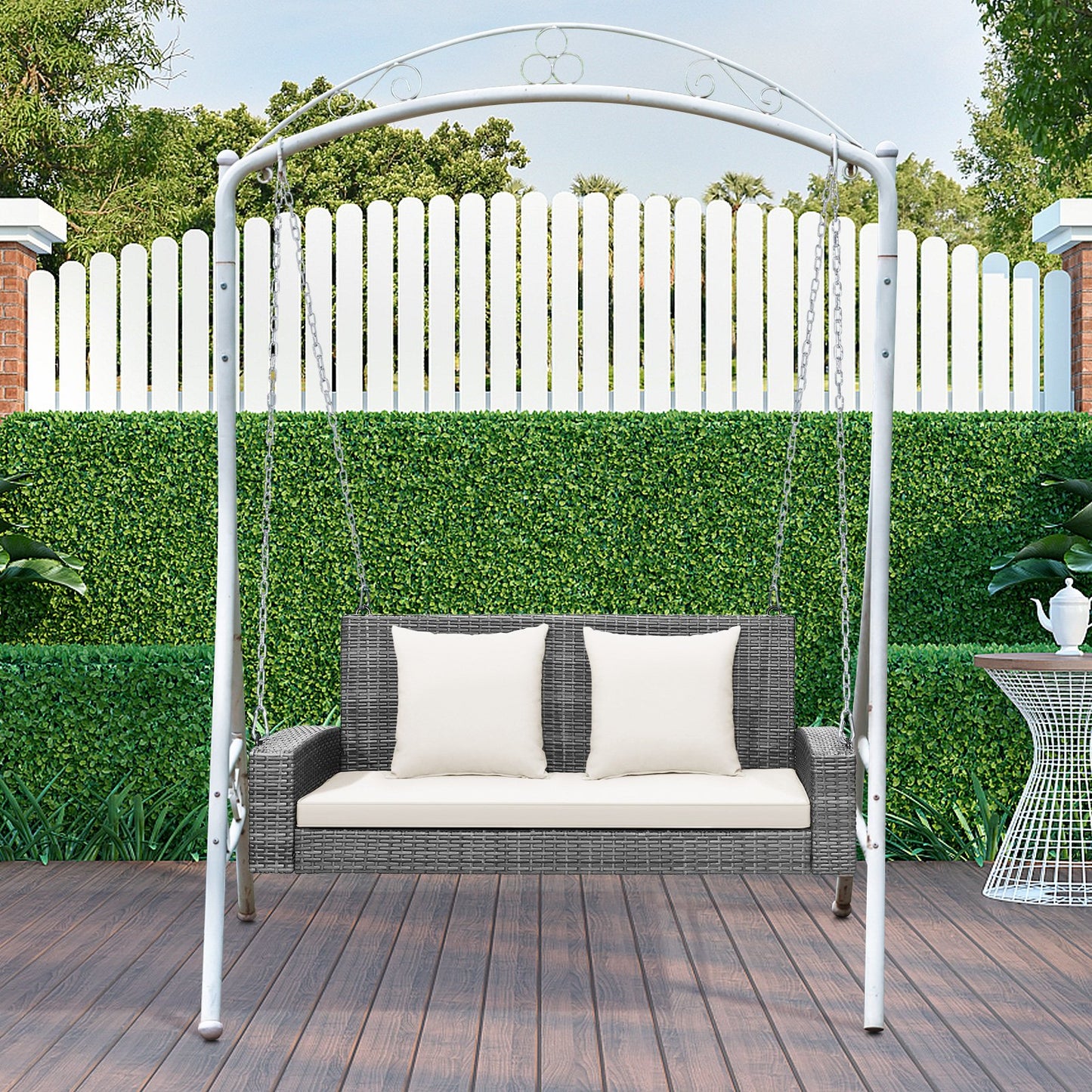 2-Person Patio PE Wicker Hanging Porch Swing Bench Chair Cushion 800 Pounds-Black