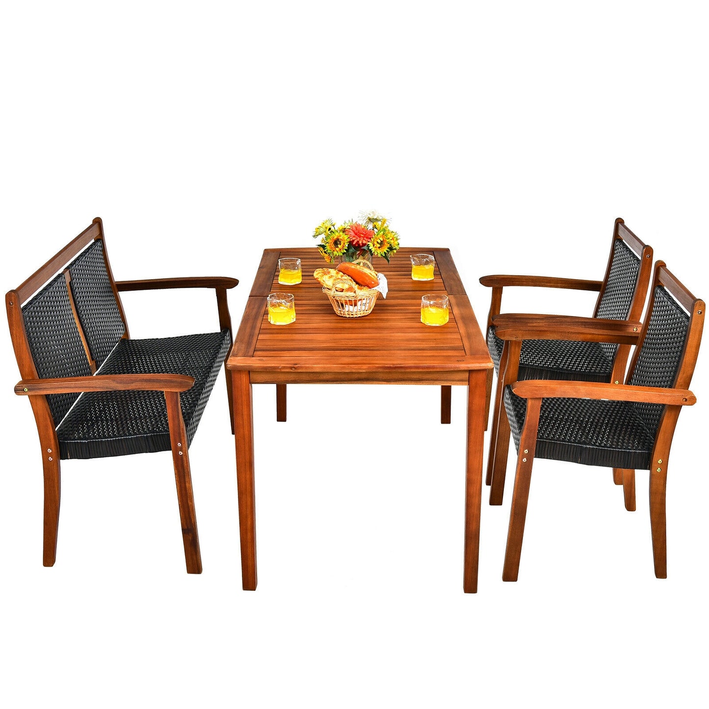 4 Pieces Acacia Wood Patio Rattan Dining Furniture Set