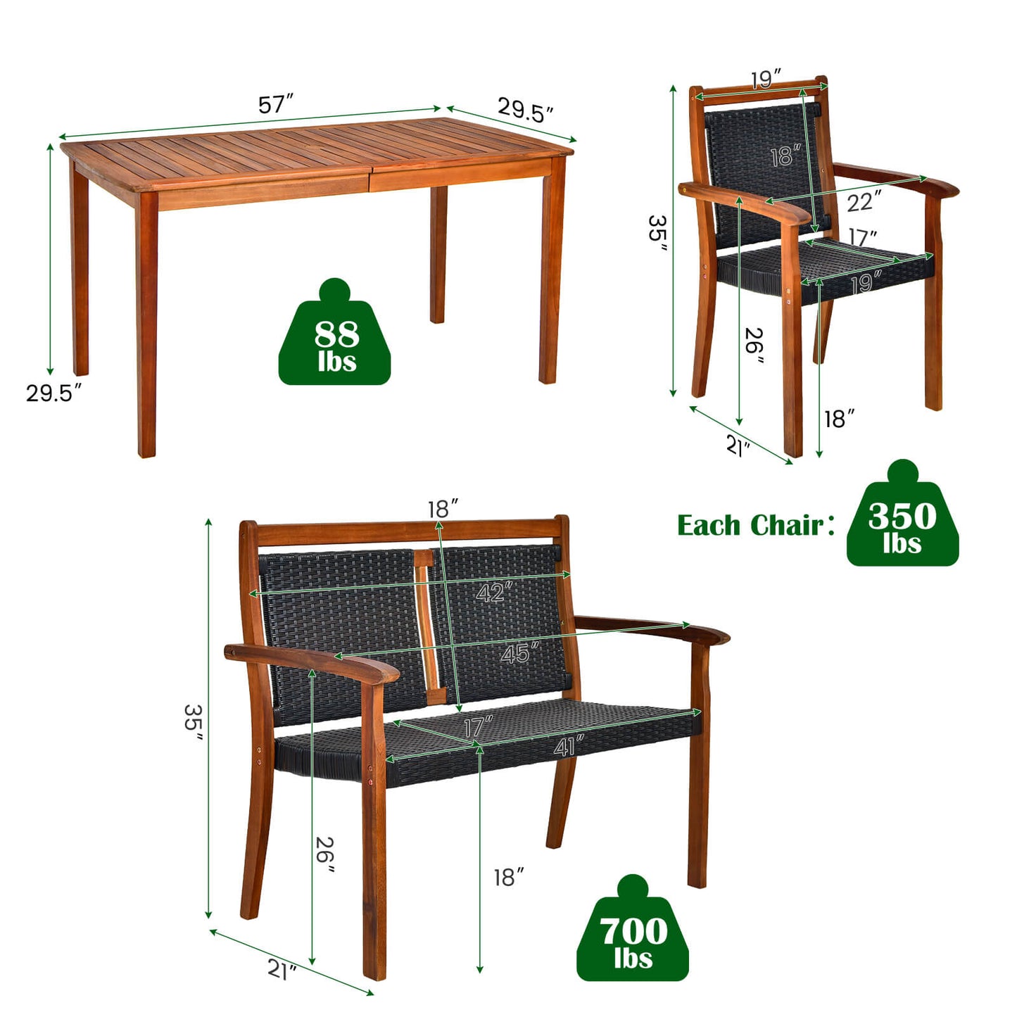 4 Pieces Acacia Wood Patio Rattan Dining Furniture Set