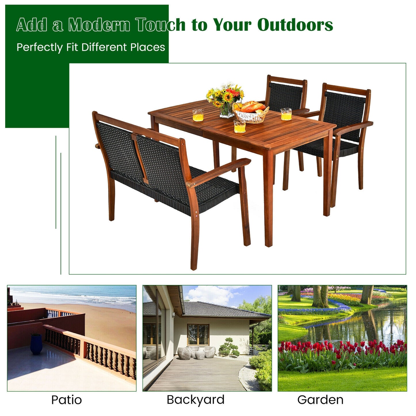 4 Pieces Acacia Wood Patio Rattan Dining Furniture Set