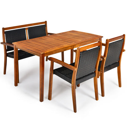 4 Pieces Acacia Wood Patio Rattan Dining Furniture Set