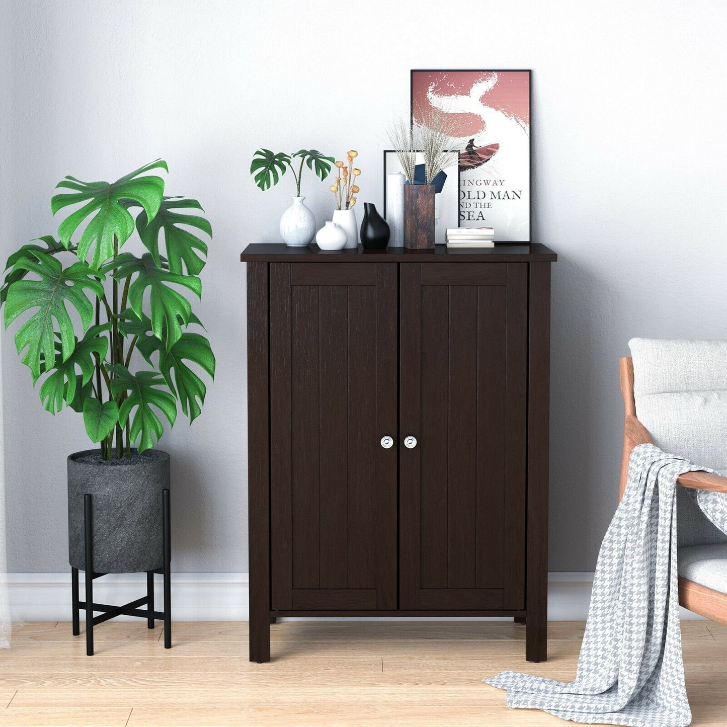 2-Door Bathroom Floor Storage Cabinet Space Saver Organizer-Black