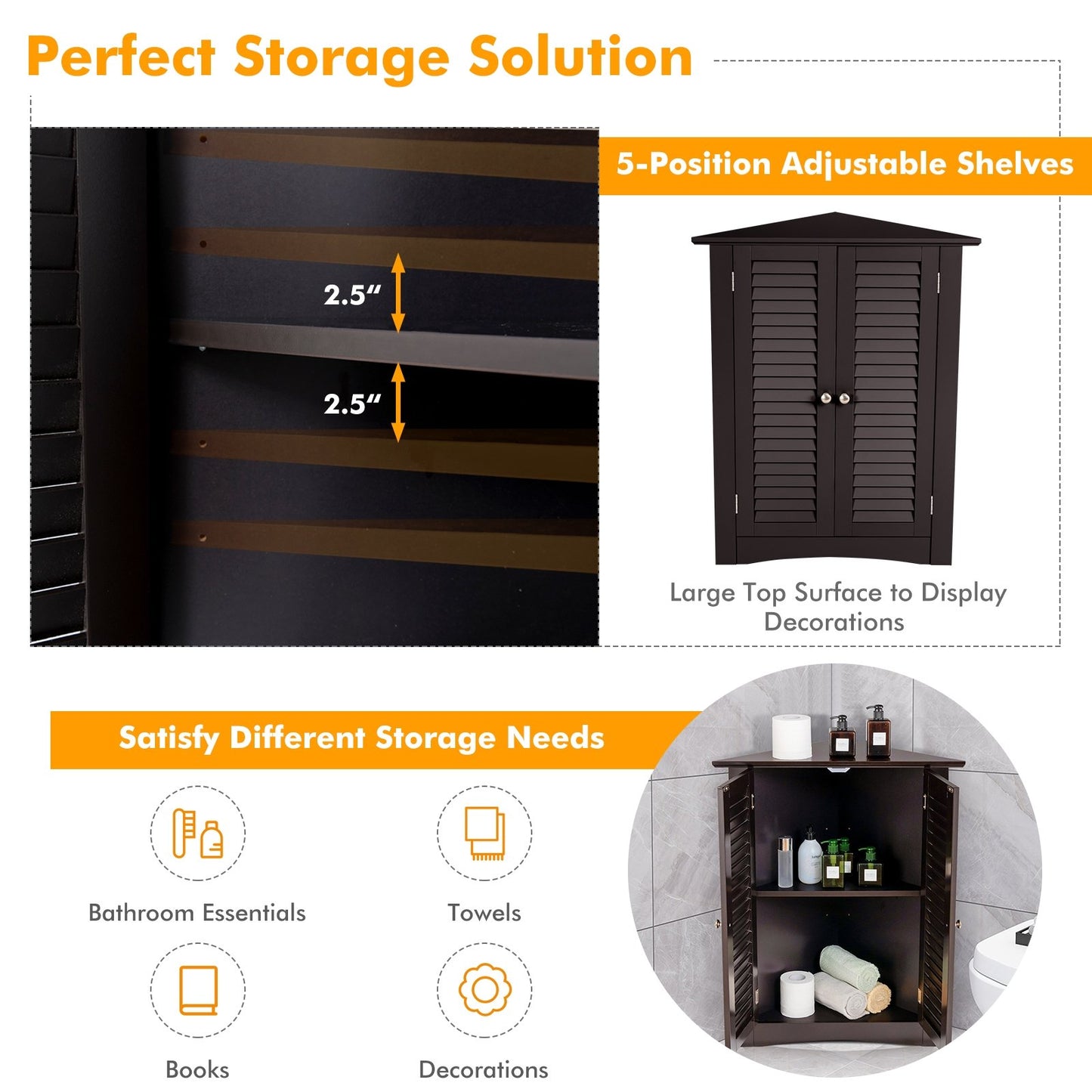 Bathroom Corner Storage Freestanding Floor Cabinet with Shutter Door-Brown