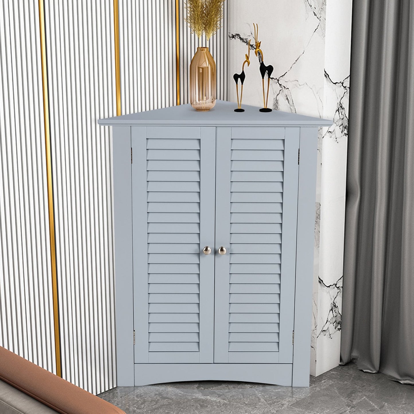 Bathroom Corner Storage Freestanding Floor Cabinet with Shutter Door-Brown