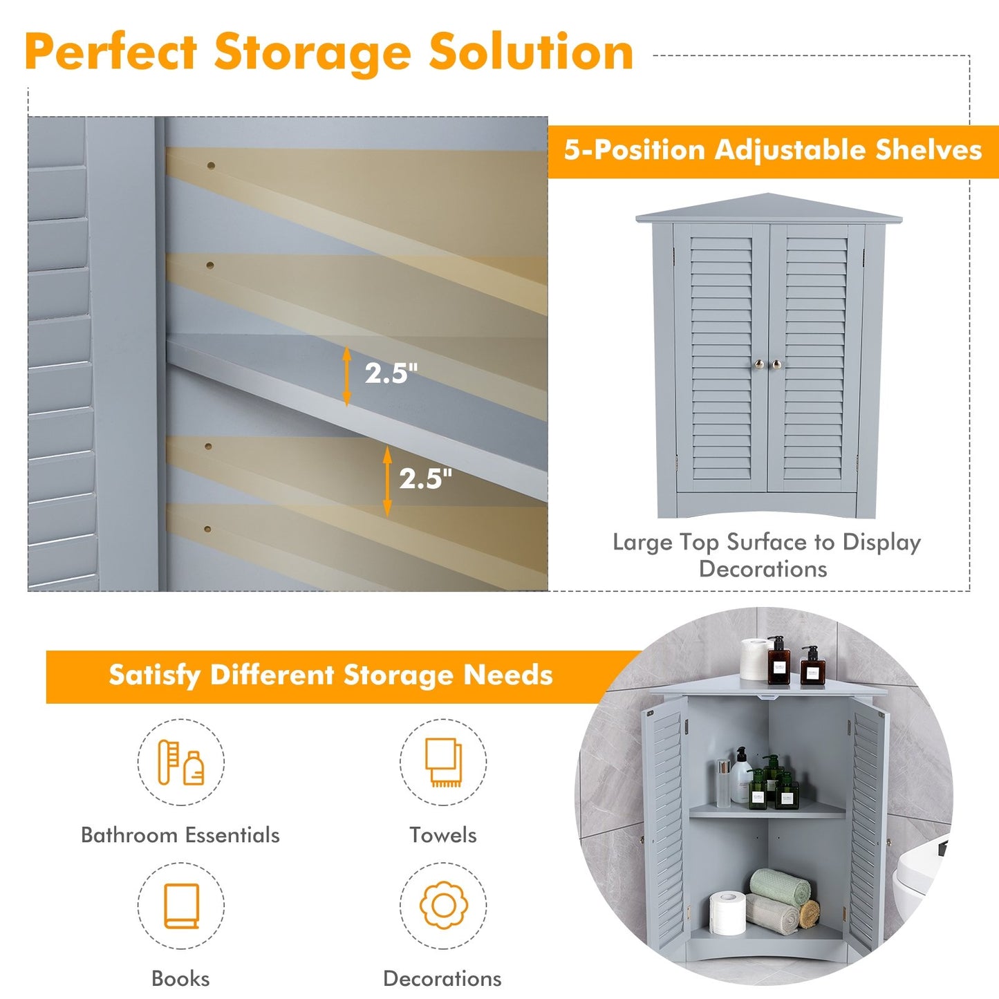 Bathroom Corner Storage Freestanding Floor Cabinet with Shutter Door-Brown