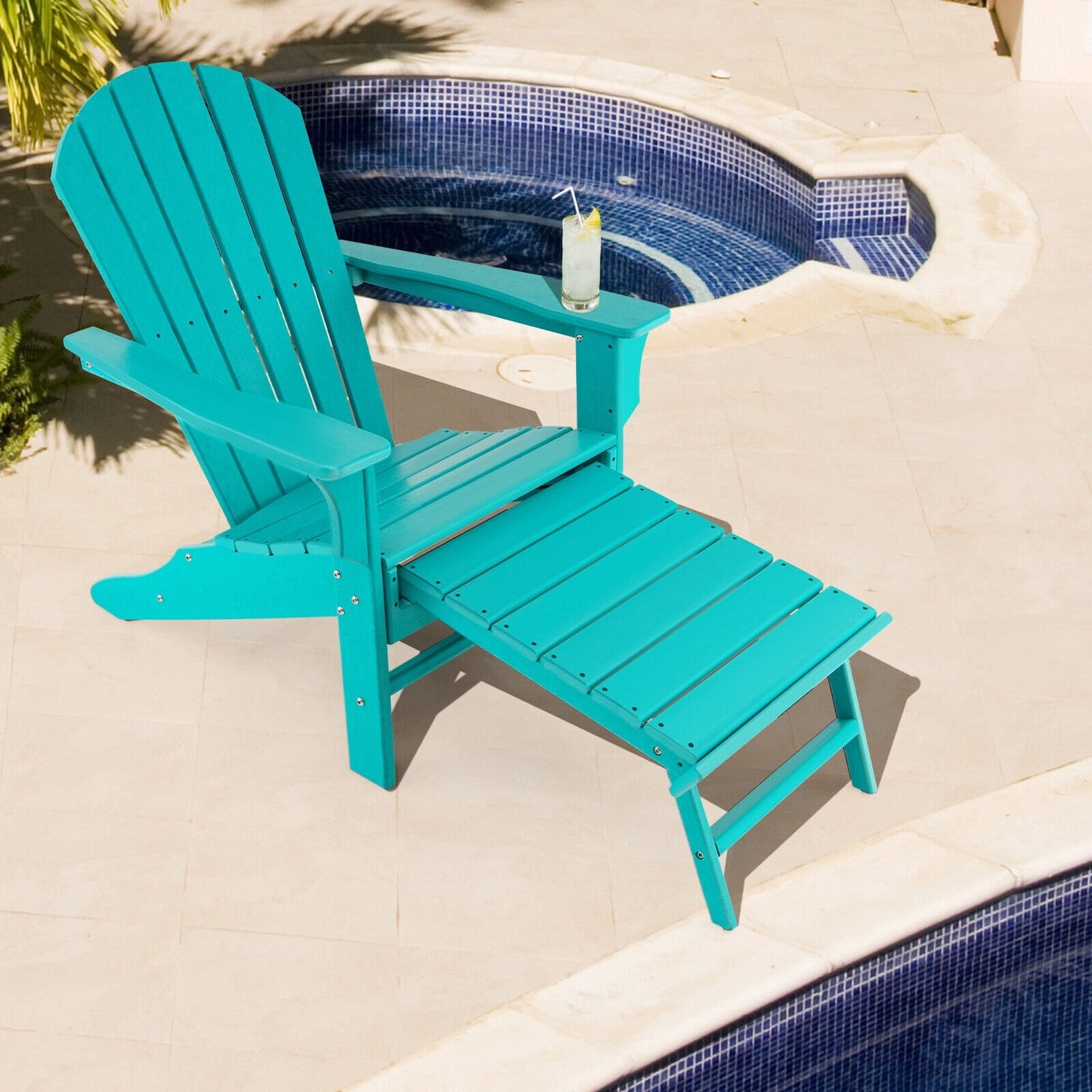 Patio HDPE Adirondack Chair with Retractable Ottoman-Black