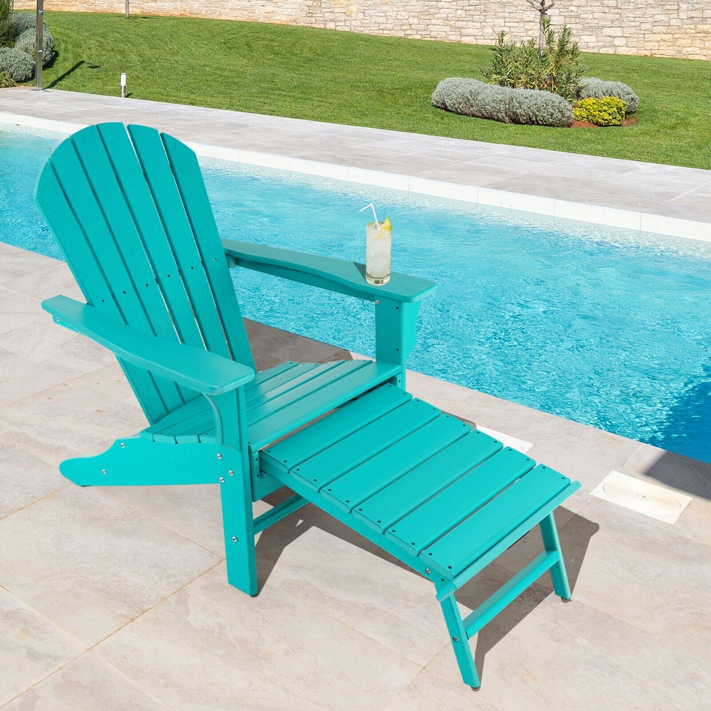 Patio HDPE Adirondack Chair with Retractable Ottoman-Black
