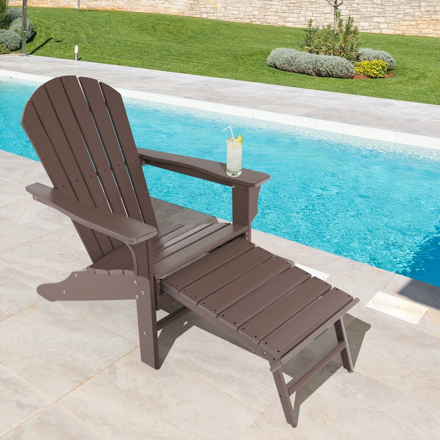 Patio HDPE Adirondack Chair with Retractable Ottoman-Black