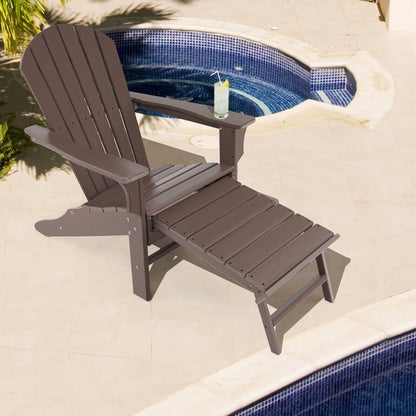 Patio HDPE Adirondack Chair with Retractable Ottoman-Black