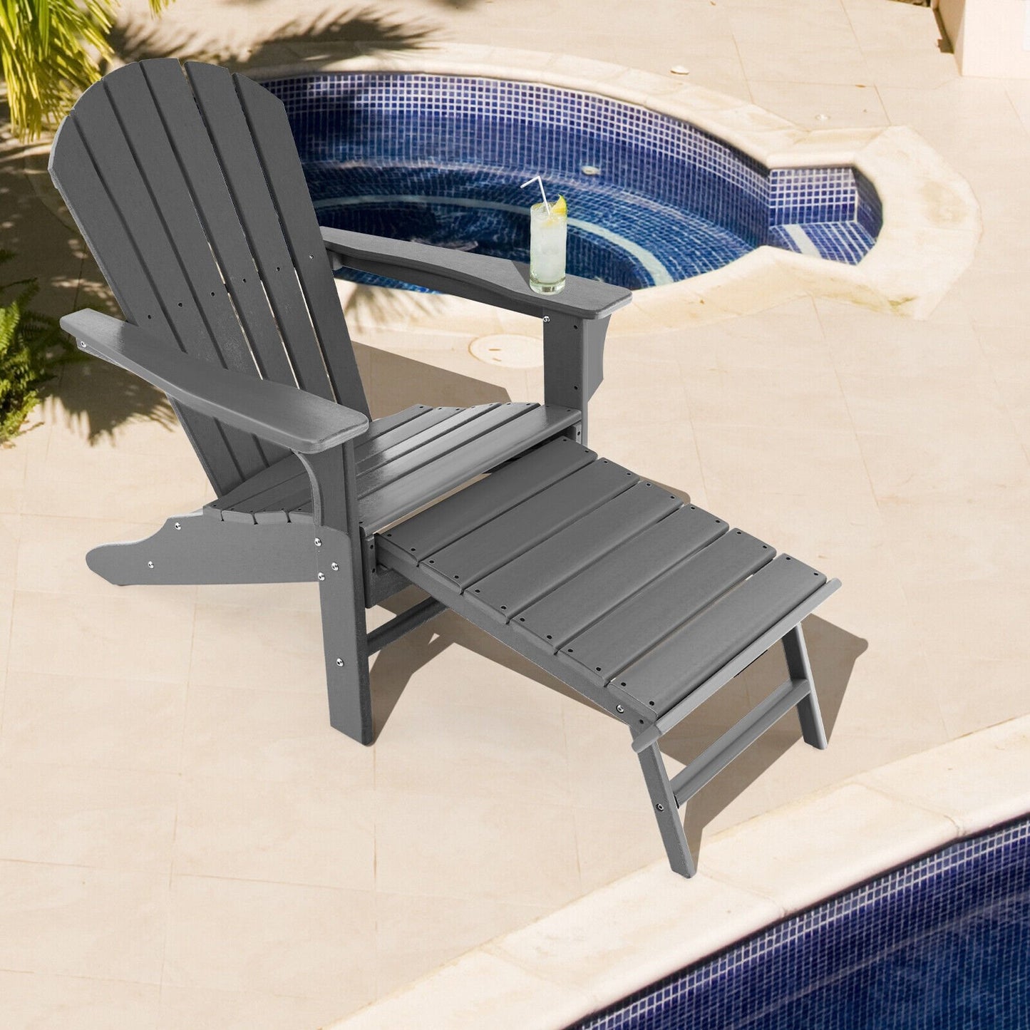 Patio HDPE Adirondack Chair with Retractable Ottoman-Black