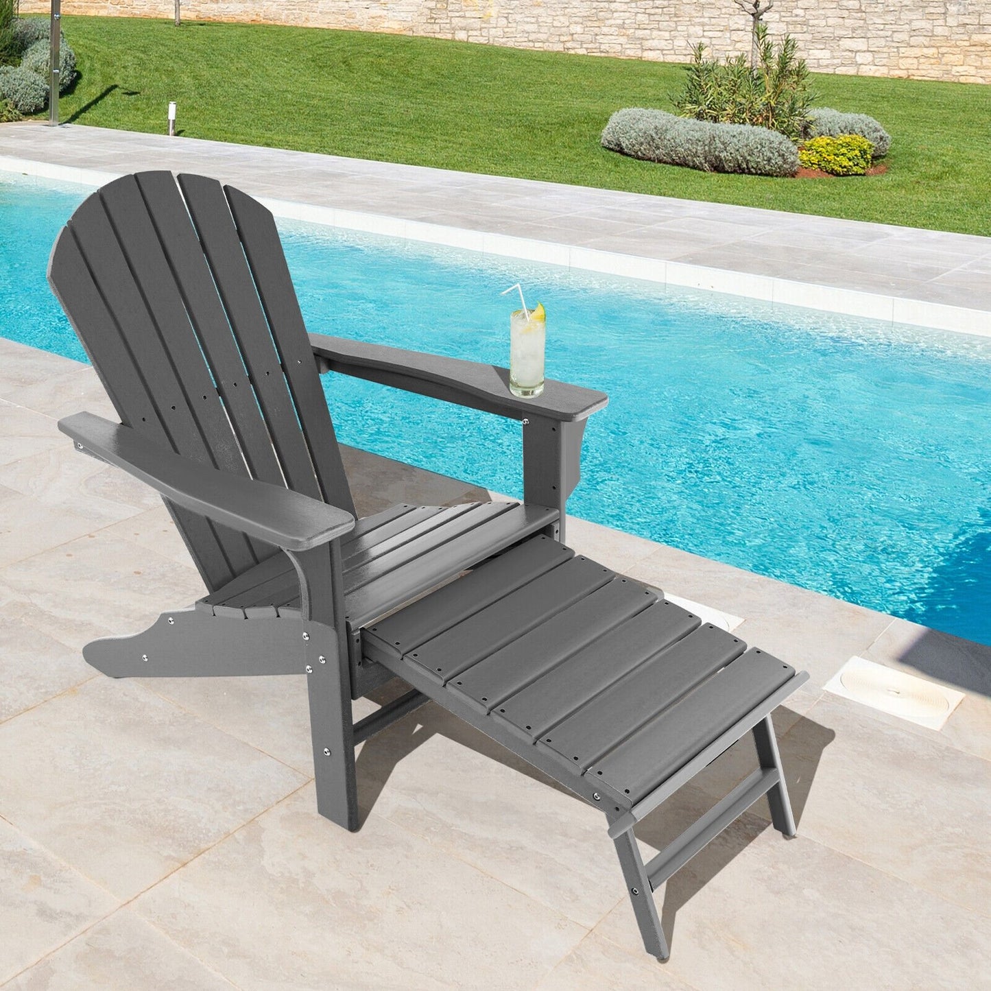 Patio HDPE Adirondack Chair with Retractable Ottoman-Black