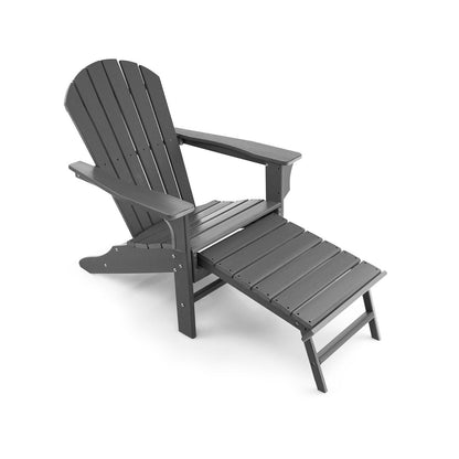 Patio HDPE Adirondack Chair with Retractable Ottoman-Black
