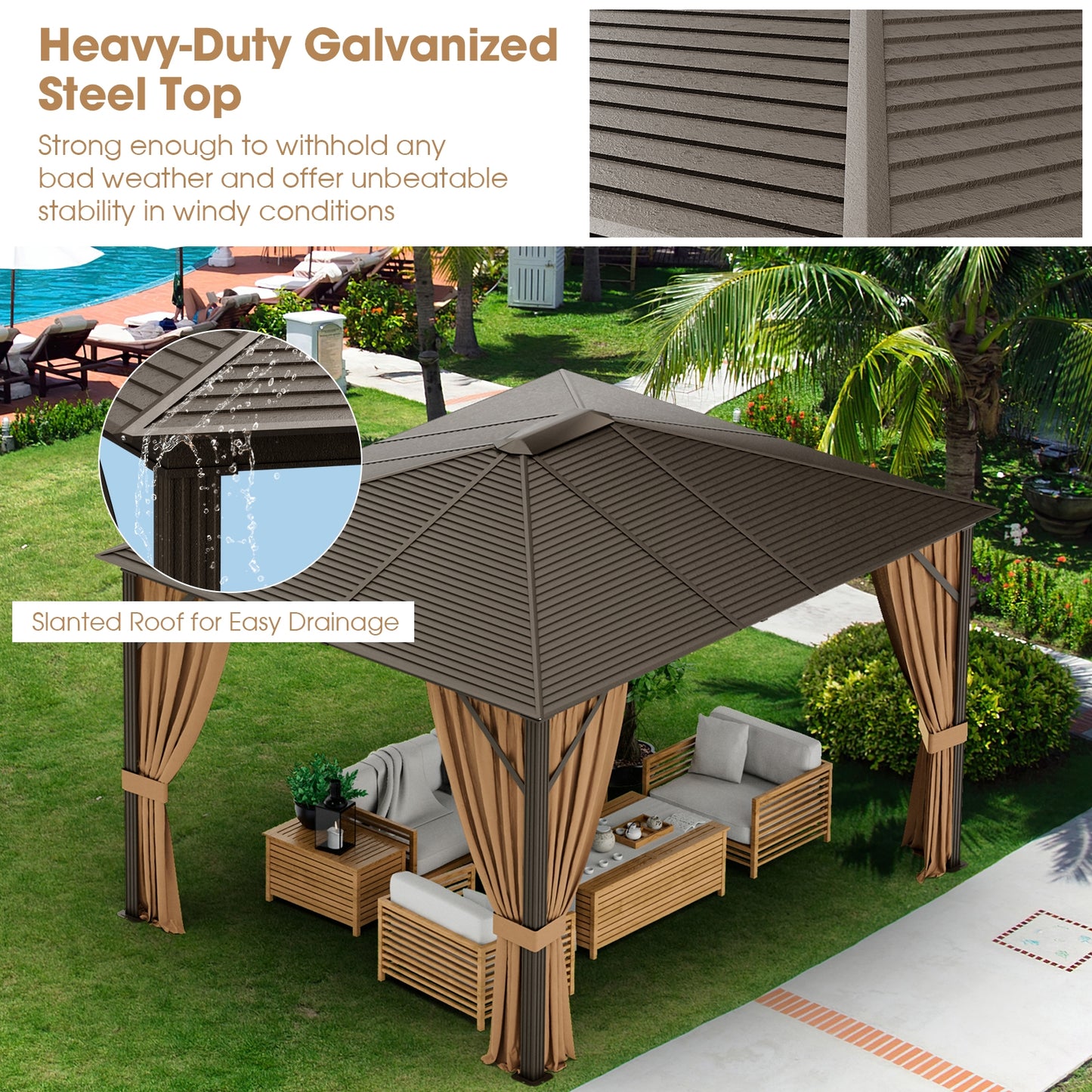 12 x10 Feet Outdoor Hardtop Gazebo with Galvanized Steel Top and Netting-Brown