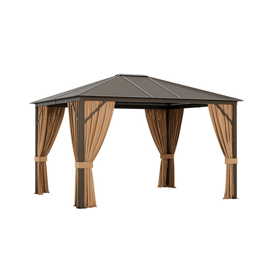 12 x10 Feet Outdoor Hardtop Gazebo with Galvanized Steel Top and Netting-Brown