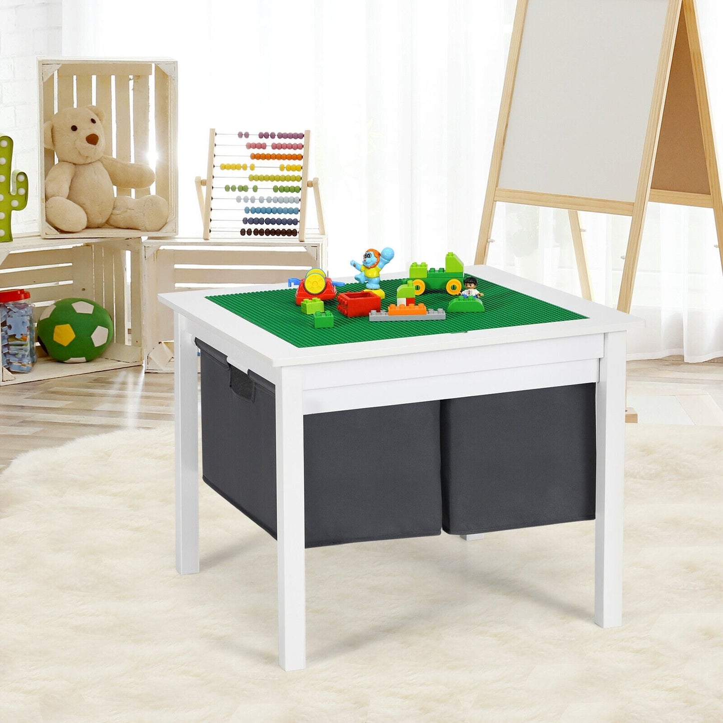 2-in-1 Kids Double-sided Activity Building Block Table with Drawers-Brown