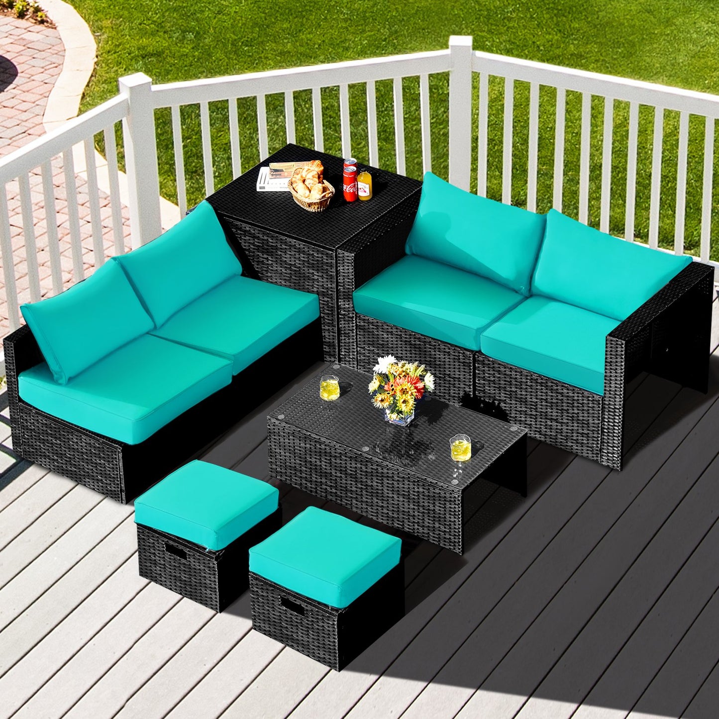 8 Pieces Patio Rattan Storage Table Furniture Set-Black