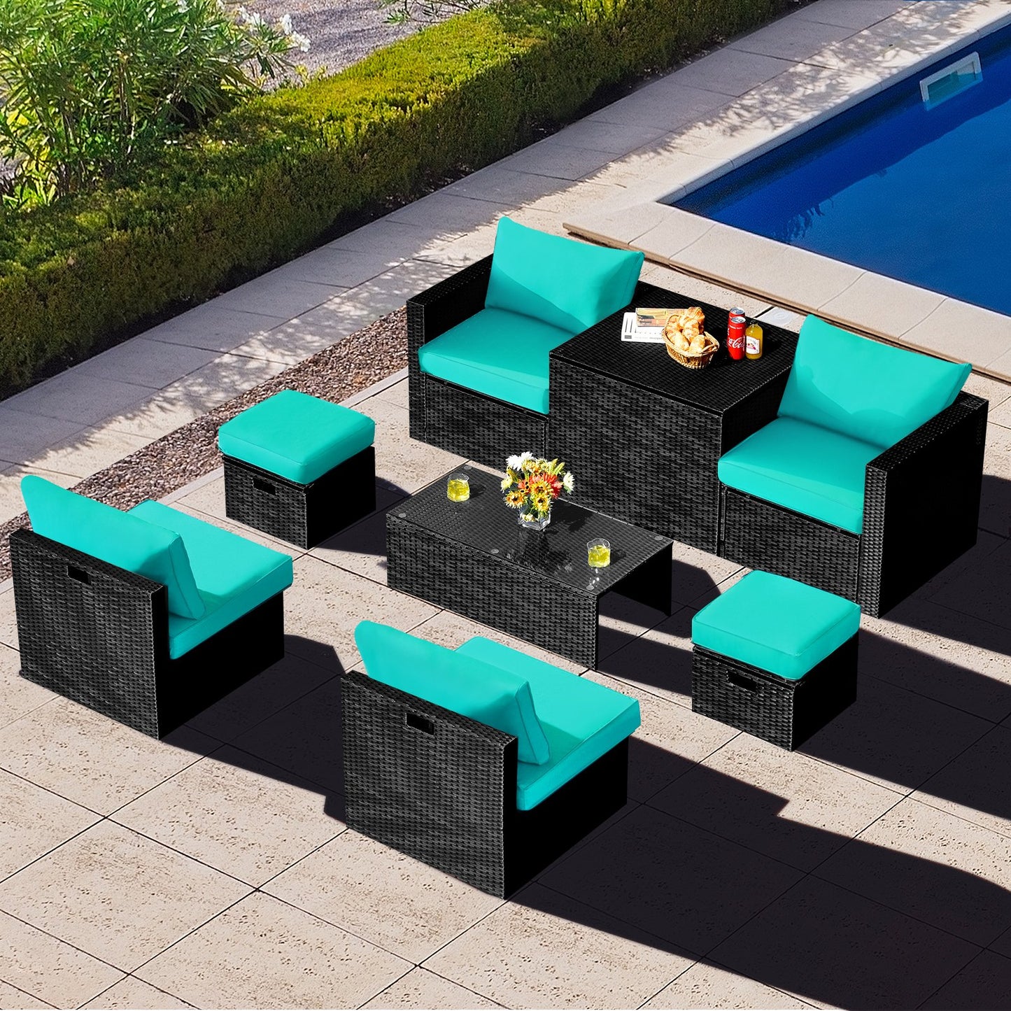 8 Pieces Patio Rattan Storage Table Furniture Set-Black