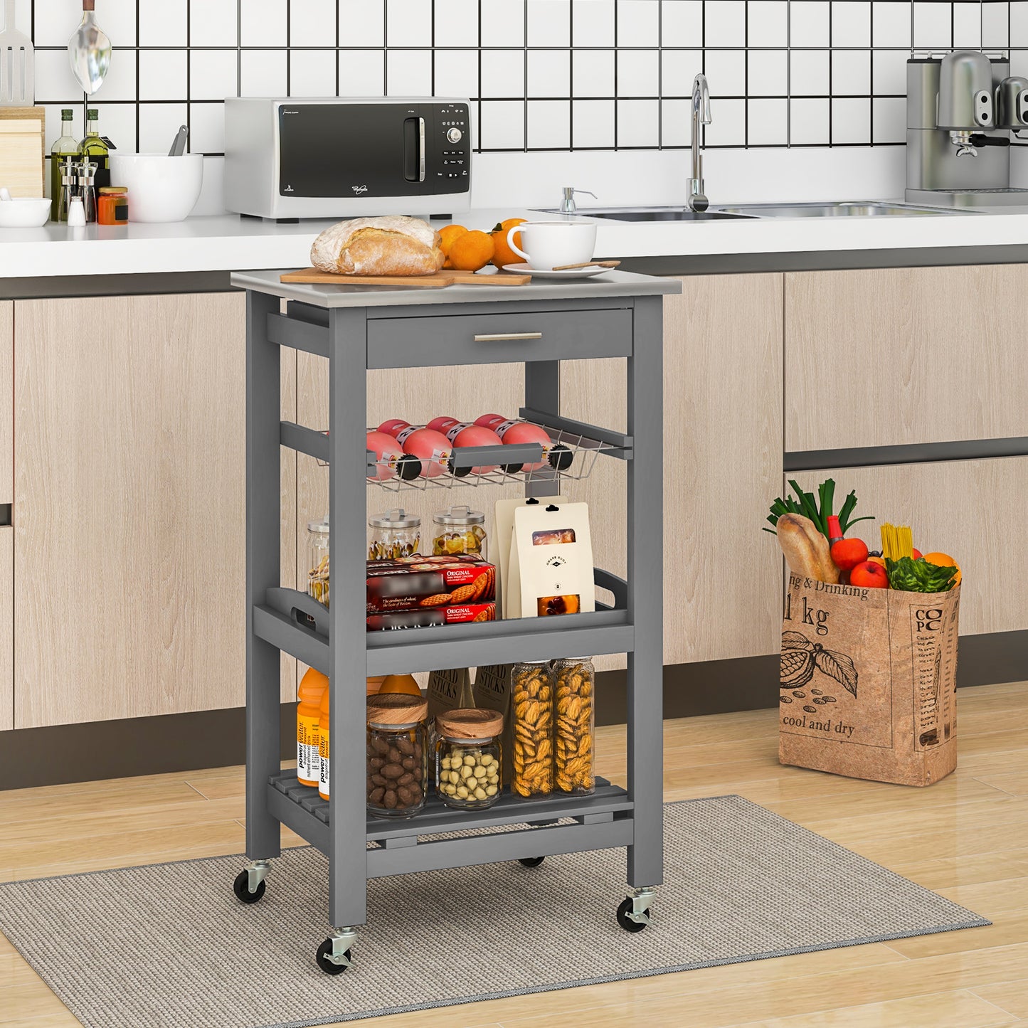 Kitchen Island Cart with Stainless Steel Tabletop and Basket-Black
