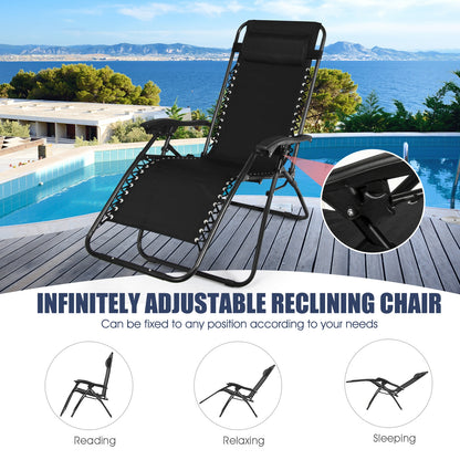3 Pieces Folding Portable Zero Gravity Reclining Lounge Chairs Table Set-Beige