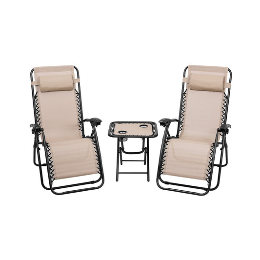 3 Pieces Folding Portable Zero Gravity Reclining Lounge Chairs Table Set-Beige