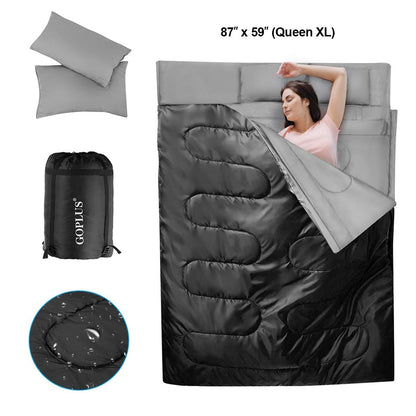 2 Person Waterproof Sleeping Bag with 2 Pillows-Black