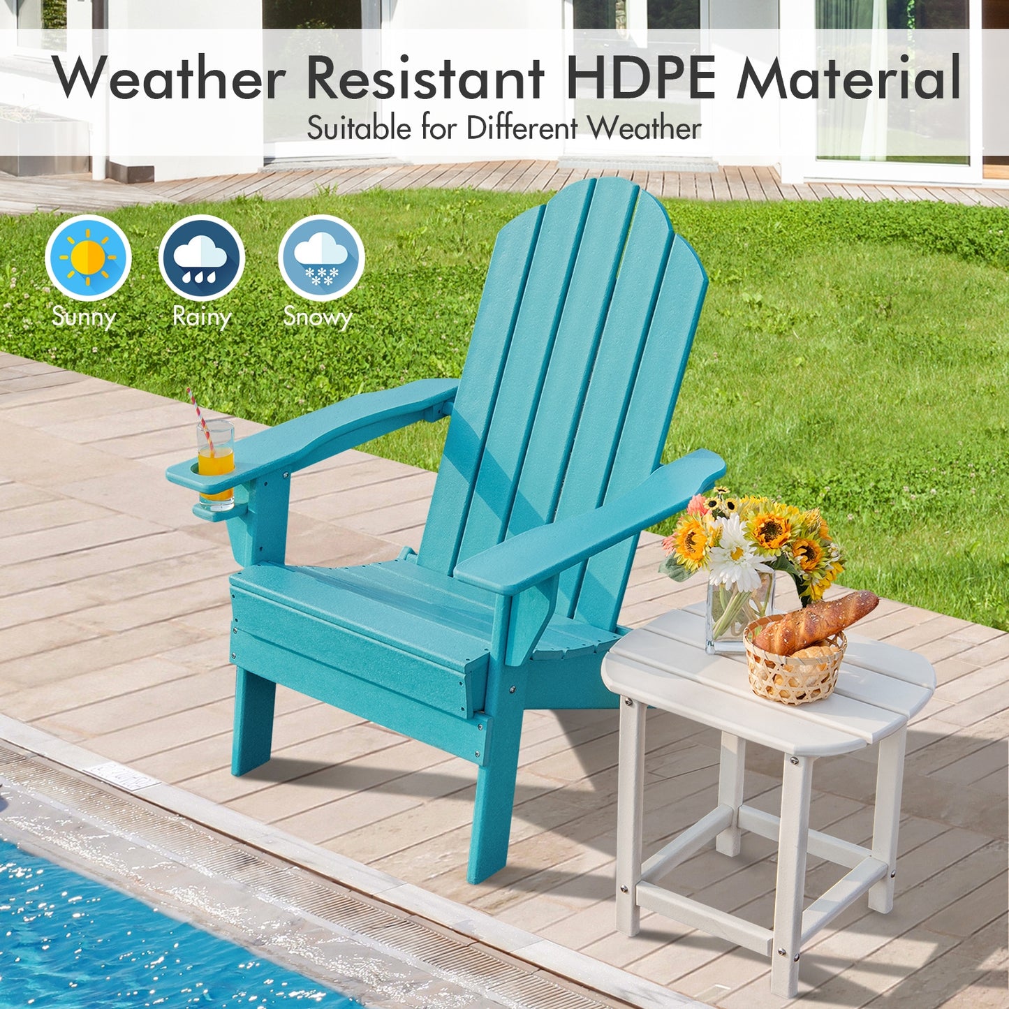 Foldable Weather Resistant Patio Chair with Built-in Cup Holder-Turquoise
