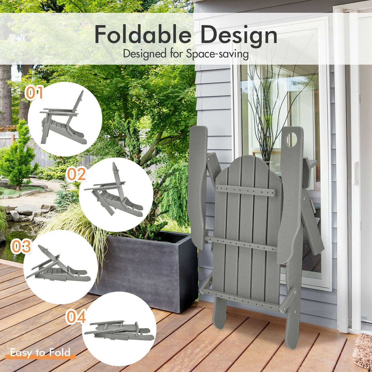 Foldable Weather Resistant Patio Chair with Built-in Cup Holder-Gray