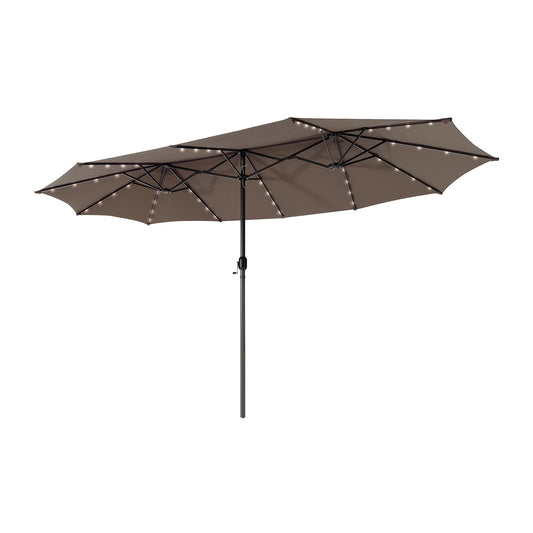 15 Feet Twin Patio Umbrella with 48 Solar LED Lights-Coffee