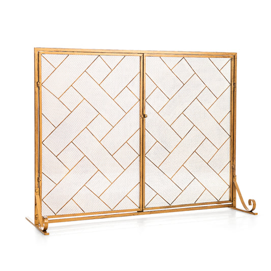 3-Panel Folding Wrought Iron Fireplace Screen with Doors and 4 Pieces Tools Set-Golden