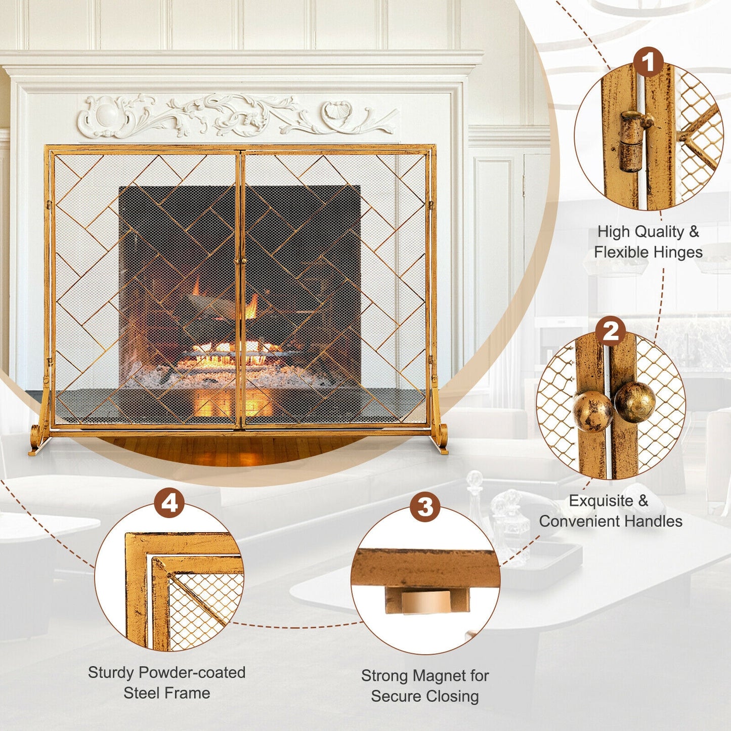 3-Panel Folding Wrought Iron Fireplace Screen with Doors and 4 Pieces Tools Set-Golden
