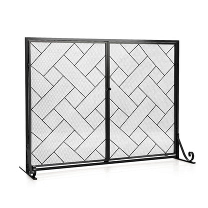 3-Panel Folding Wrought Iron Fireplace Screen with Doors and 4 Pieces Tools Set-Black