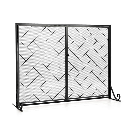 3-Panel Folding Wrought Iron Fireplace Screen with Doors and 4 Pieces Tools Set-Black