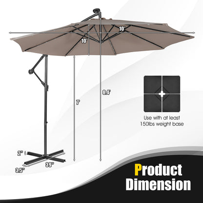 10 Feet Patio Solar Powered Cantilever Umbrella with Tilting System-Coffee