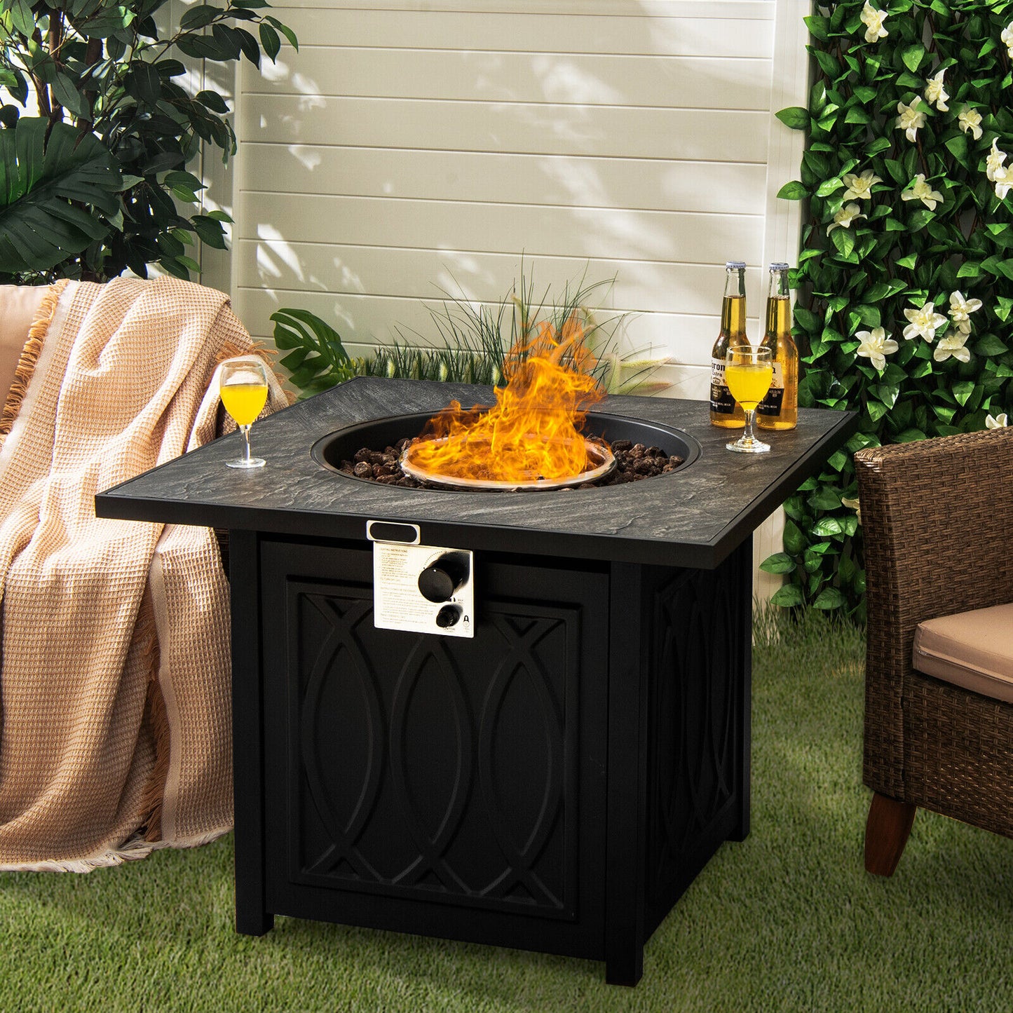 32 Inch Propane Fire Pit Table Square Tabletop with Lava Rocks Cover 50000 BTU-Black