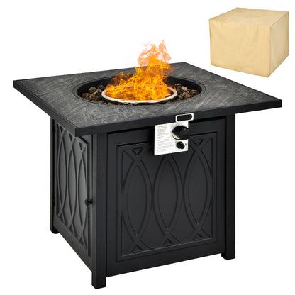 32 Inch Propane Fire Pit Table Square Tabletop with Lava Rocks Cover 50000 BTU-Black